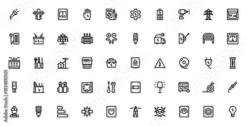 Electrician tools icon set. Vector illustration. Incudes symbols for flashligh, multimeter, drill, socke, fuse, wiring, generator,and more. Professional eletrical elements.
