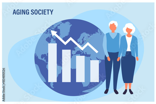 Aging society concept, world population aging because of low birth. Increasing senior elderly people vector illustration