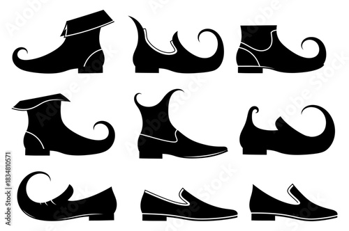 Set of fantasy shoes in black silhouette, a collection of elf, medieval, and fairytale boots or loafers with long curled pointed toes, vector illustration