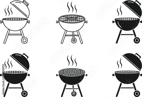 Barbecue and Outdoor Grill Icons Set Illustrating Summer Cooking, Backyard Party, Picnic, Charcoal BBQ Equipment, and Leisure Food Preparation Activities.