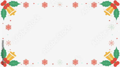 Vector Christmas frame background with flat design, featuring a minimalist aesthetic, vibrant festive colors, and bold lines, set against a clean 
