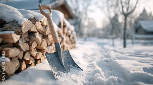Wallpaper Mural A shovel is sitting in the snow next to a pile of wood Torontodigital.ca