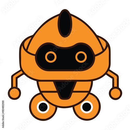 Cute orange robot character with wheels and small arms isolated on white background