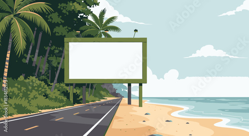 A large, blank billboard stands prominently beside a scenic tropical coastal road, offering an ideal advertising canvas with palm trees, sandy beach, and the ocean.