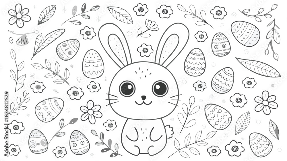 Fototapeta premium Cute hand drawn easter bunny surrounded by decorative eggs flowers and leaves in a whimsical doodle style