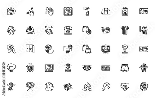 Basketball icon set. Vector illustration. Includes smbols for dribble, hoop, tophy, court, shoes, vest, icket, scoreboard and more Editable stroke.