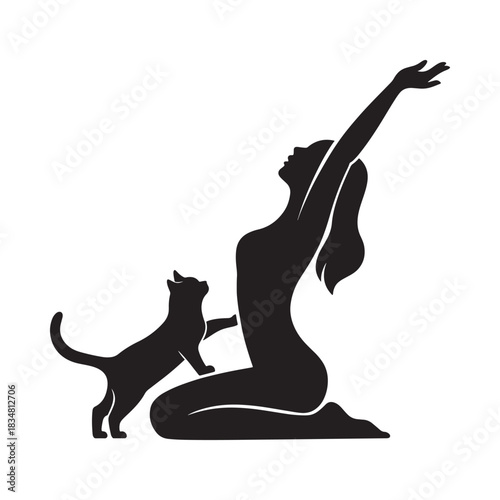 Silhouette of woman and cat in yoga pose