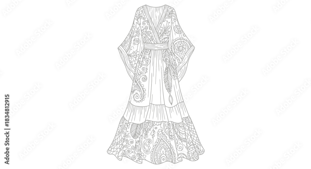 Obraz premium Intricate detailed line art illustration of a bohemian styled long dress design