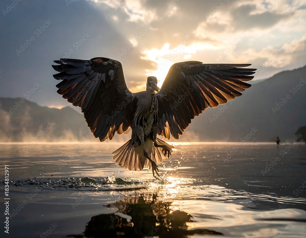 Obraz premium A majestic heron takes flight at dawn, its wings spread wide against a sunlit, misty lake. Rays of light pierce the atmosphere