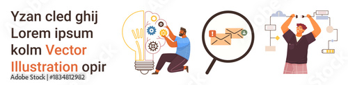 Business innovation, process management, communication tools, workflow, idea generation, teamwork. Man working on gear-filled light bulb, magnified letter woman holding charts. Business innovation