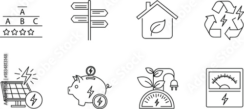 Renewable Energy and Sustainable Efficiency Line Icons Set Featuring Solar Panel, Piggy Bank, Eco House, Recycling, Direction Sign, and Power Meter Concepts.
