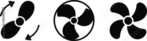 Black Silhouette Vector Icon Set of Propeller and Fan Blades, Featuring Rotating Fans, Ventilation Units, Ship Propellers, and Cooling Mechanisms in Various Styles for Air Conditioning