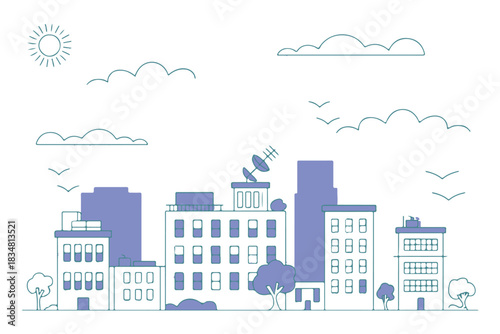 cityscape urban skyline outline buildings trees and birds vector