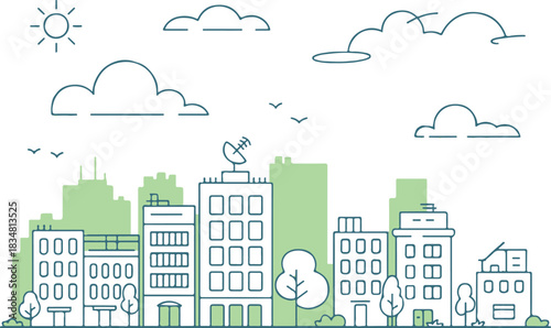 cityscape skyline line art illustration with trees sun and clouds