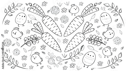 Cute hand drawn easter chicks carrots flowers and leaves doodle art on white background