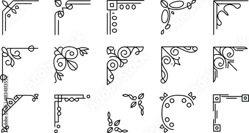 Elegant vector set of black line art decorative corner borders and floral ornaments for page design.