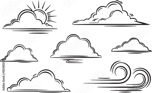 cloud icon set seven stylized cloud and wind symbols vector