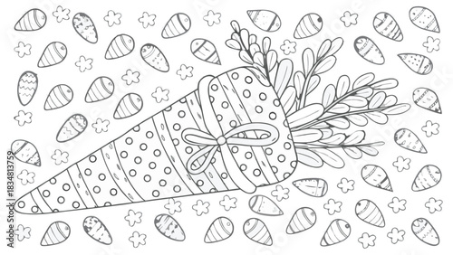 Whimsical hand drawn black and white easter egg and carrot shaped candy cone pattern background