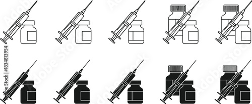 Medical Syringe and Vaccine Vial Icon Set Illustrating Health Care, Immunization, Treatment, and Injection Procedures for Hospitals, Clinics, and Research Graphics.
