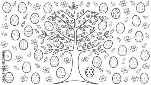 Whimsical hand drawn outline of a tree adorned with easter eggs and scattered flowers and leaves on a white background