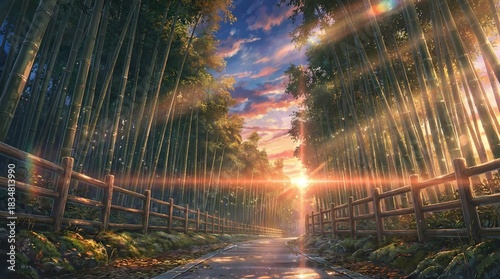 Vibrant Colorful Anime Japanese Bamboo Forest and Grove Path with Sunset and Wooden Fence - Magical Fantasy Scenery Wallpaper Background