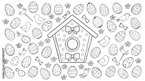 Whimsical hand drawn easter eggs and birds surrounding a charming birdhouse with bows and flowers