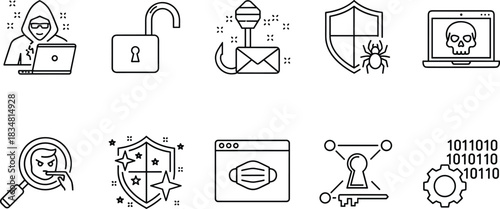 Comprehensive Cybersecurity and Data Protection Line Icons Set Featuring Hacker, Phishing, VPN, Malware, Encryption, and Internet Privacy for Digital Safety Concepts.