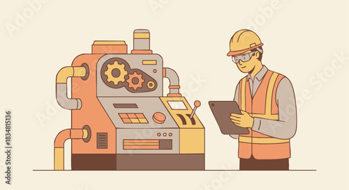 “Engineer inspecting machinery with safety gear, flat minimal design, soft warm industrial tones, simple mechanical components.”