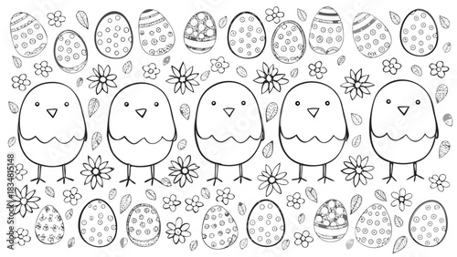 Cute hand drawn black and white outline illustration of chicks easter eggs and flowers for coloring