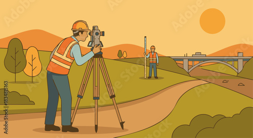 “Civil engineer surveying land with a tripod and theodolite, clean flat design, simple outdoor environment, warm tones.”