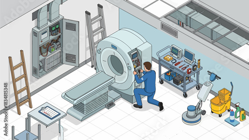 Isometric MRI Machine Maintenance: Healthcare Technician Repairing Medical Equipment in Hospital Room Illustration