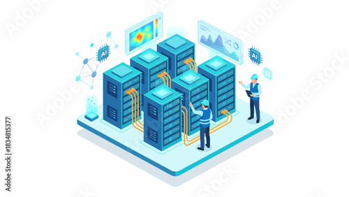 Isometric Data Center Engineers Analyzing AI Server Performance. Cybersecurity and Cloud Computing Infrastructure Management