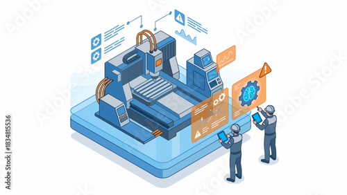 Isometric CNC Machine Operation: Engineers Analyzing Automated Manufacturing Process on Tablets, Digital Transformation in Industry 4.0