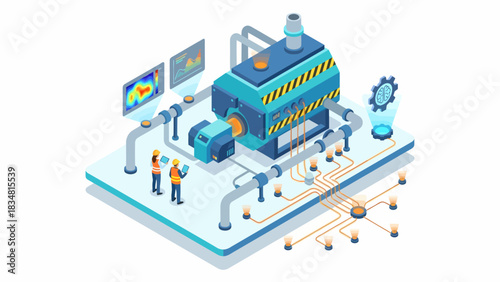 Isometric industrial machine inspection by engineers, AI hologram, monitors. Factory automation, digital twin, predictive maintenance concept.