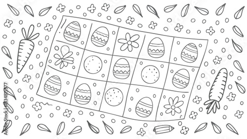 Whimsical hand drawn doodle illustration of easter eggs carrots flowers and leaves on a grid pattern for coloring