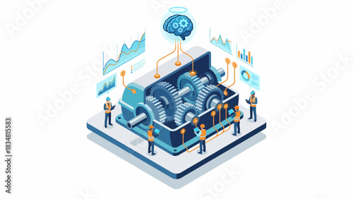 Isometric View: Machine Learning Engine Maintenance with Engineers Analyzing Performance Charts for Industrial Innovation