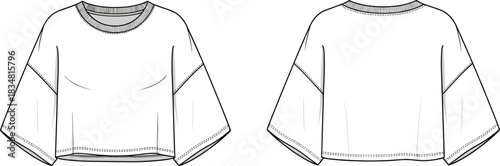 Wide sleeve cropped top technical fashion sketch with relaxed fit design details, garment template, CAD drawing flat vector illustration for designers