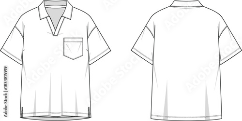 Short sleeve split neck top technical fashion sketch with chest pocket detail, garment design template, CAD drawing flat vector illustration