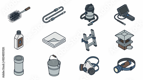 Isometric Chimney Sweep Tools Collection: Professional Cleaning Service Equipment Icons for Business Presentation and Website Design