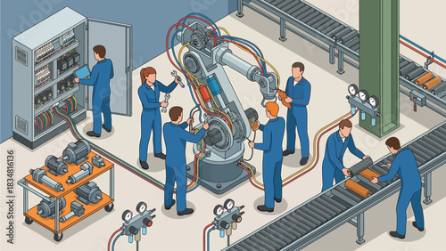 Isometric Industrial Automation: Engineers Maintaining Robotic Arm & Conveyor Belt System in Modern Factory - Manufacturing Technology Concept