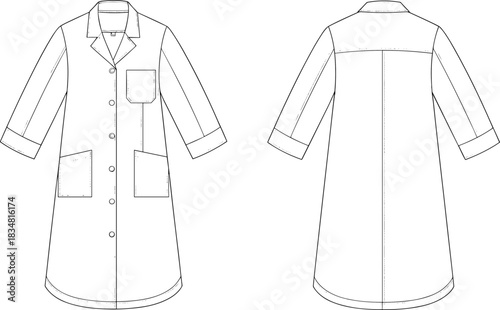 Professional lab coat technical flat sketch, long sleeve garment design template, CAD drawing flat vector illustration for fashion designers and apparel production