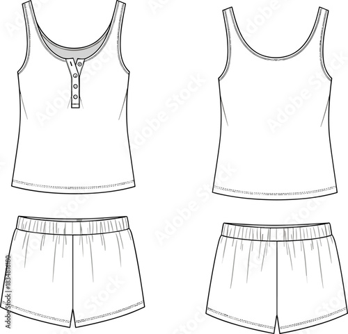 “Tank top and shorts sleepwear fashion flat sketch, technical loungewear drawing, vector garment template with buttons, elastic waist and details”