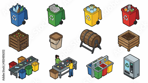 Isometric Recycling Plant Illustration: Waste Management and Sustainable Practices