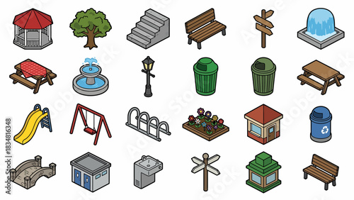 Isometric park elements vector set: playground, fountain, furniture, and landscaping icons for game design and urban planning visualizations.
