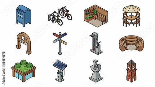 Isometric Cityscape Elements: Public Amenities & Urban Design Icons for Maps, Infographics, and Game Design