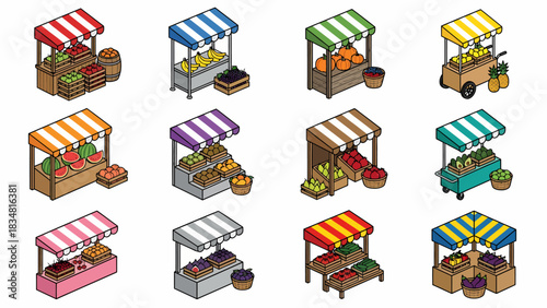 Isometric Fruit and Vegetable Market Stalls: Colorful Vendor Kiosks for Food Business Concepts and Game Design