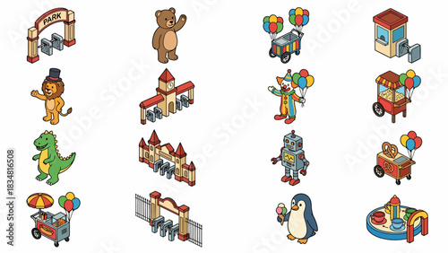 Isometric Amusement Park Icons Set: Cartoon Characters, Food Carts & Buildings for Game Design or Infographics