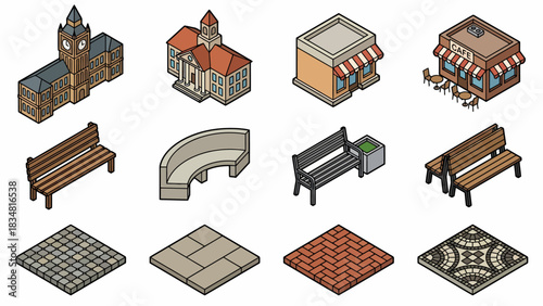 Isometric City Park Elements: Vector Set of Buildings, Benches, and Paving for Urban Design Projects and Game Development