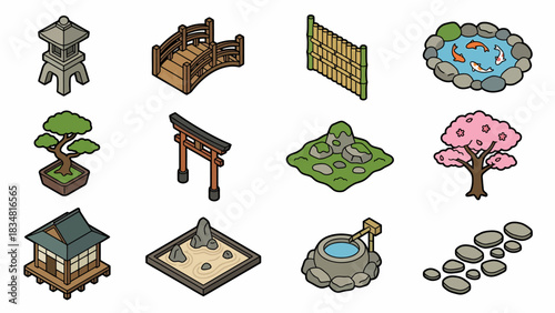 Isometric Zen Garden Elements Collection: Japanese Landscape Design Assets for Game Design and 3D Modeling