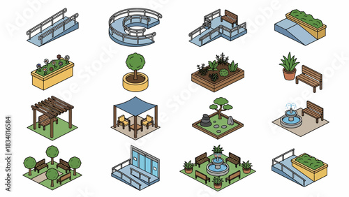 Isometric garden elements collection: park benches, fountains, pergola, ramps, planters. Architectural design for landscaping, 3D modeling, and urban planning.
